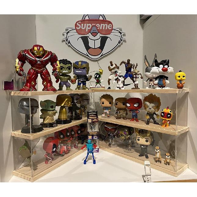 Clear Acrylic Display Shelf Case for Mini Funko Pop, Wooden Display Stand Riser 2 Layer Storage Rack for Decoration Action Figures Collectibles Toys,