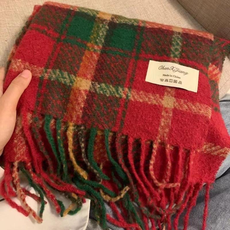 Christmas gift new red plaid scarf winter women's imitation cashmere scarf shawl warm Christmas red scarf