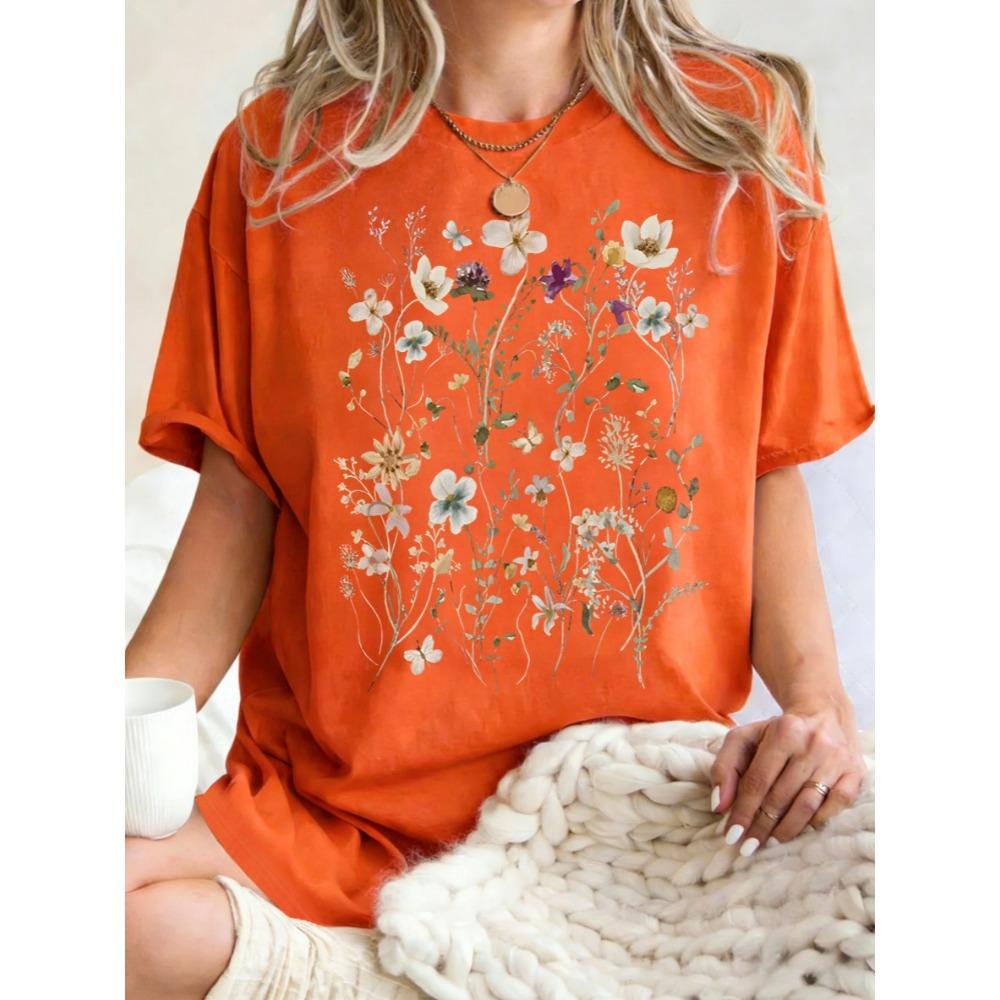Beautiful Flower Clusters Printing Woman T-Shirt Summer Oversized Short Sleeve O-Neck Cotton T Shirts Y2K Women Sports Tops