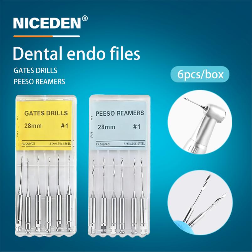 6Pcs/Box Dental Engine Use Endodontic Gates Drill Peeso Reamers Glidden Rotary 28mm/32mm #1-6 Stainless Steel Endo Files Dentist