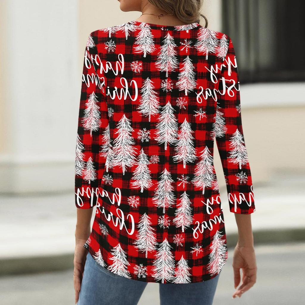 Women's Fashion Casual Christmas Print V-Neck Button Three-Quarter Sleeve T-Shirt Top