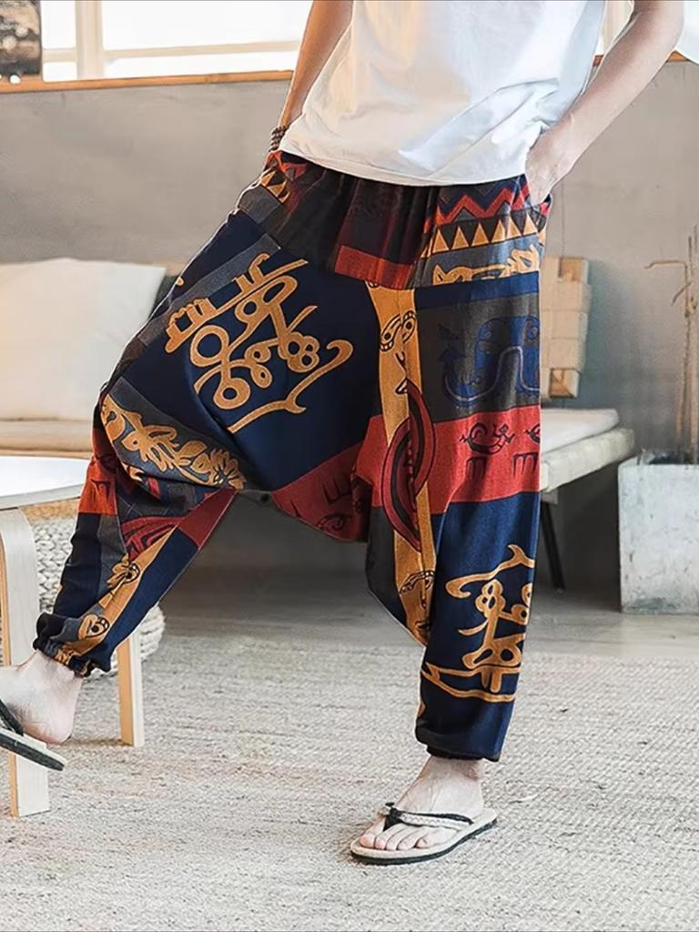 Ethnic Style Men's Polyester Casual Pants with Vintage Patterns Relaxed Fit Elastic Waistband Ankle-Cuff Design Comfortable Pants for All Seasons