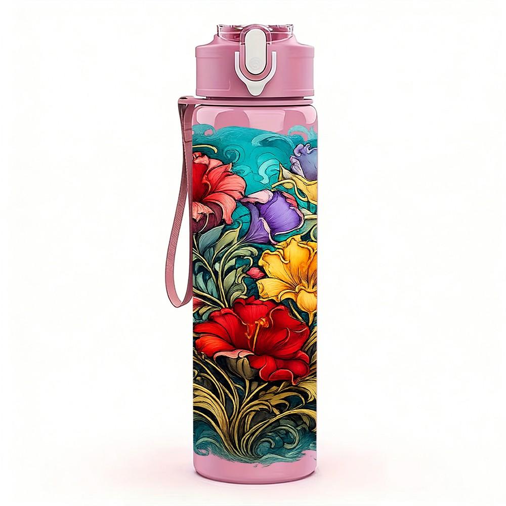 1PC Multi Color Wild Flower Print 750ml Color Plastic Sports Water Bottle Leakproof Flip Straw Lid Suitable for Sports Office Home Use