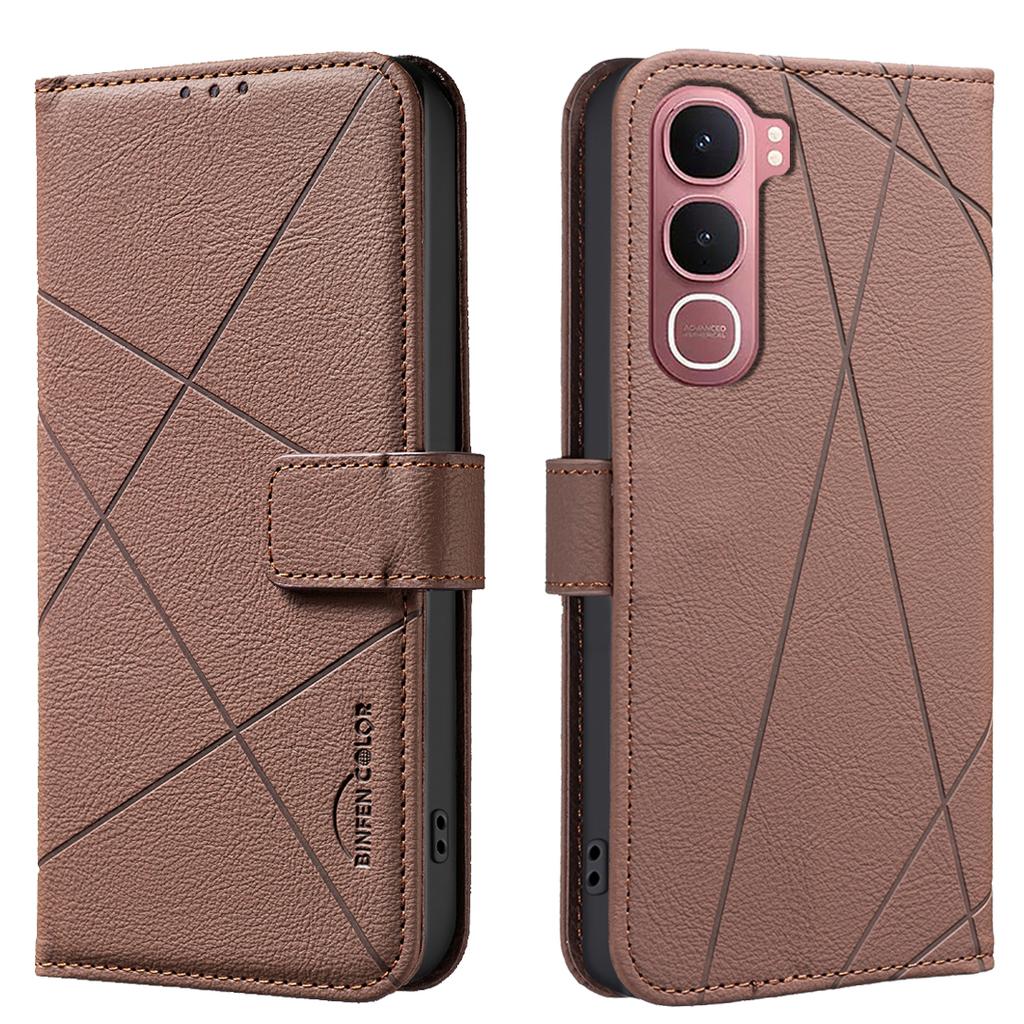 For vivo Y31 5G Case BINFEN COLOR BF35 Geometry Imprinted Leather Phone Cover RFID Blocking Wallet Stand