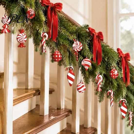 Indoor Holiday Party Supplies 12/24/36 Pcs Wooden Candy Cane Christmas Ornaments, Hanging Lollipop Ball Decor, Double-Sided Vintage Style Xmas