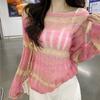 Rainbow Stripe Thin Sun Protection Cover-up Women's Spring Spicy Girl Designed Hollow-out Knitwear Crew Neck Top