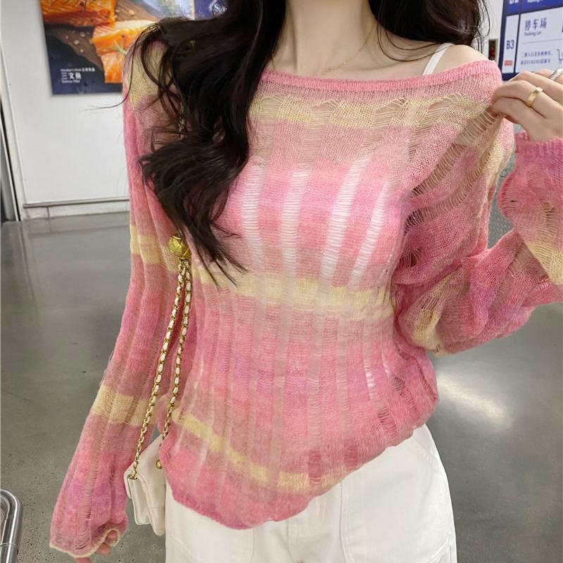 Rainbow Stripe Thin Sun Protection Cover-up Women's Spring Spicy Girl Designed Hollow-out Knitwear Crew Neck Top