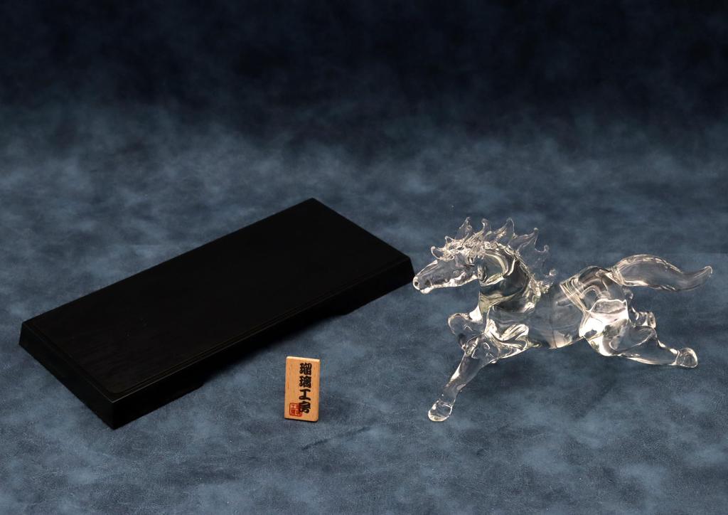 Glass Square Good Fortune Prayer Glass Horse Running - A Symbol of Vitality, Action, and Energy To Enhance Success (Large) Running Glass with Display
