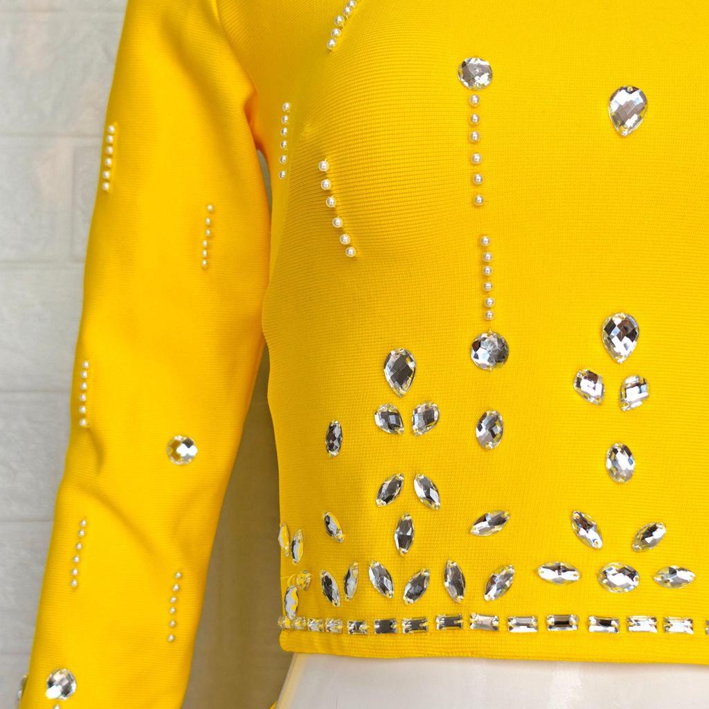 Chic French Socialite Rhinestone Bandage Top & Hip-Hugging Midi Mini Skirt Set