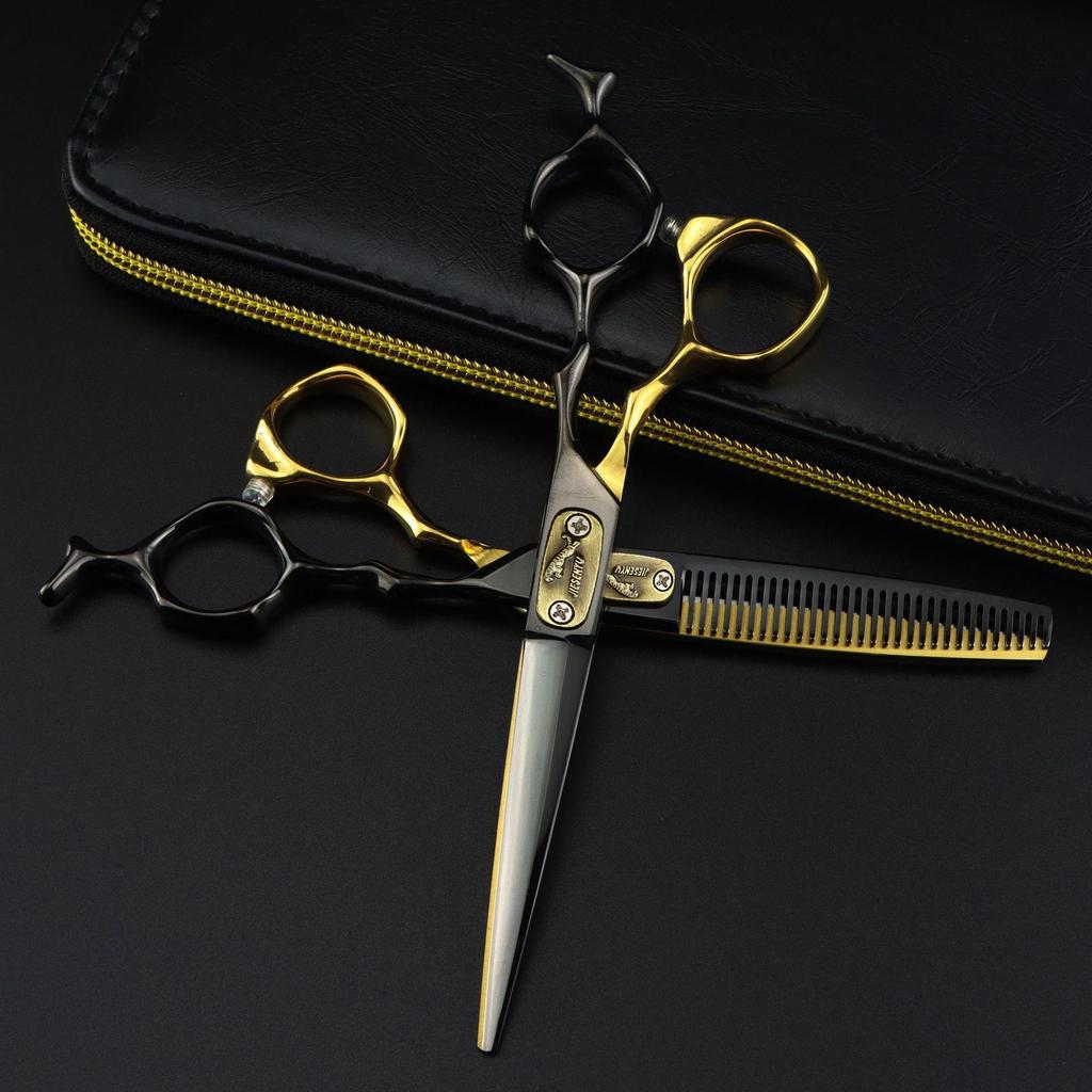 6.0" Black & Gold Leopard Hairdressing Scissors - Straight Shears for Barbers & Bangs