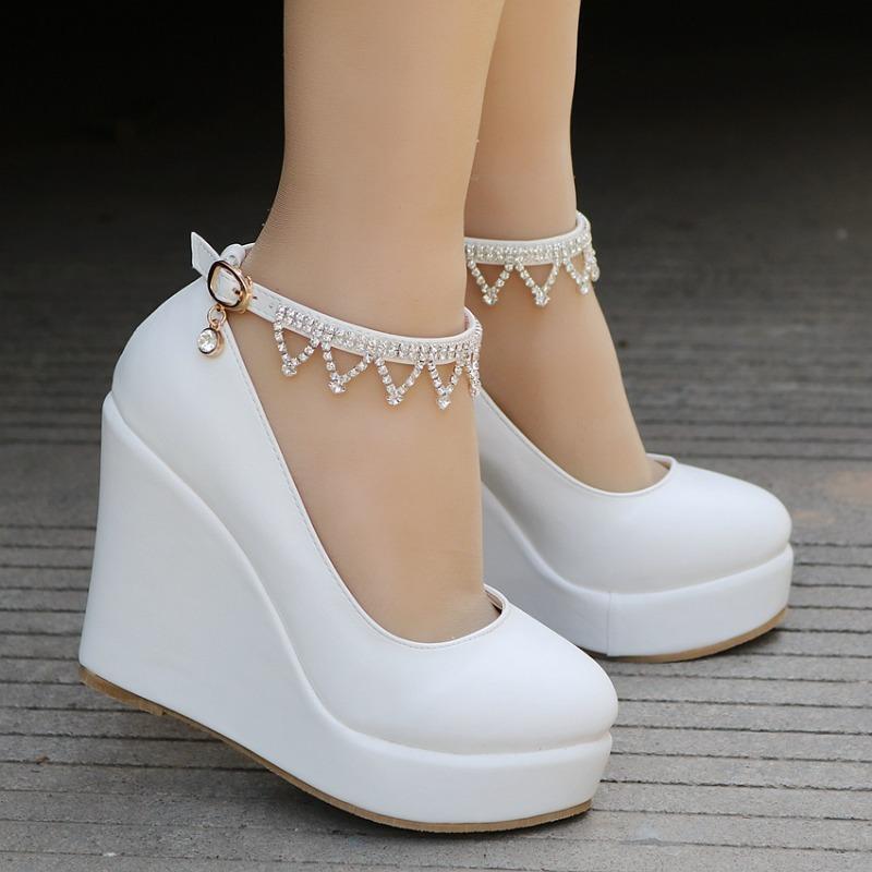 2024 Spring Wedges Women Shoes  Heels Platform Office Party Wedding Pu 10.8cm Shoe Rhinestone Elegant Women Pumps Zapatos Mujer