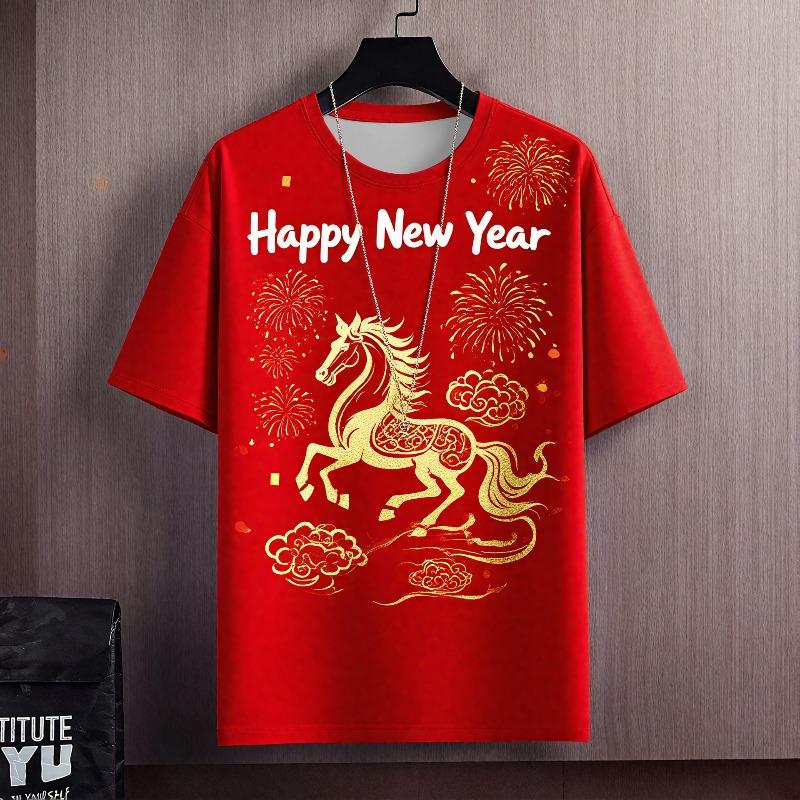 Men's T-shirt Simple Loose O Neck Horse Year Red Interesting Pattern Summer Fashion Casual Versatile Loose 3d T-shirts