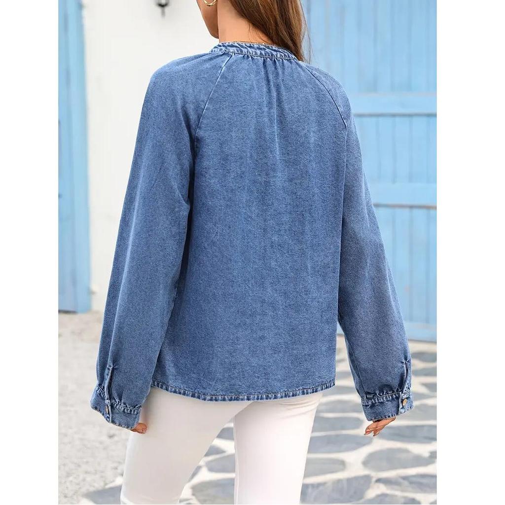 Plus Size Women's V-Neck Denim Jacket with Button Detail - Casual Washed Blue Style
