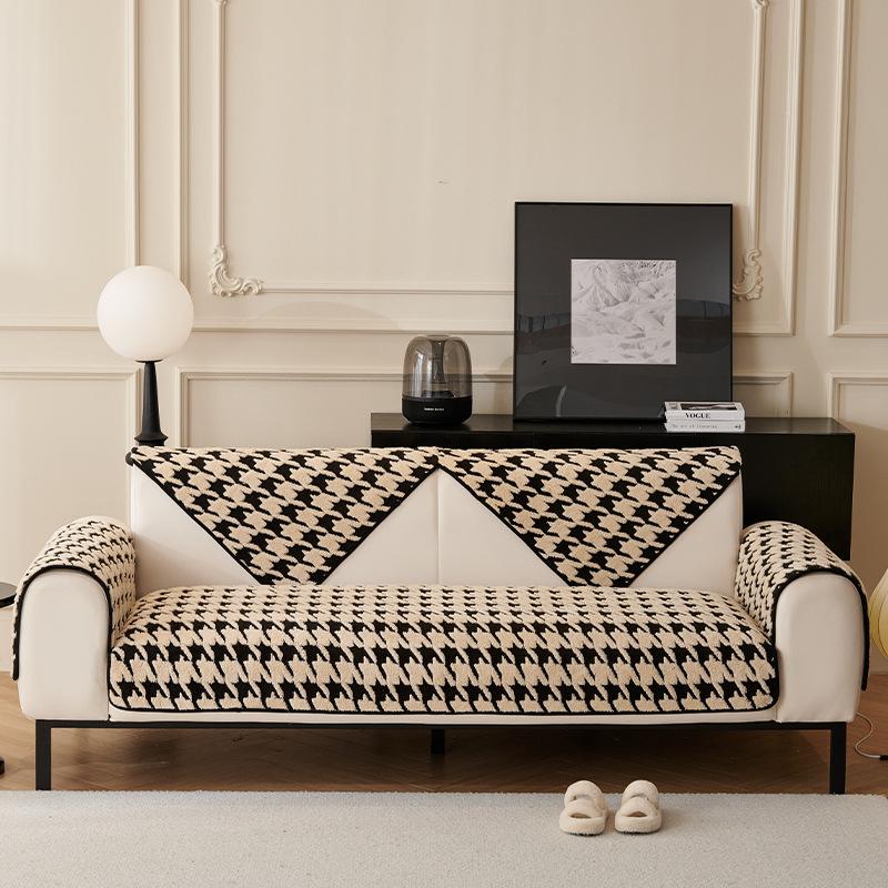 New Thousand Bird Grid Sofa Cushion Winter Thickened Warm Plush Seat Mat High End Fashionable Non Slip Dust Proof Couch Cover