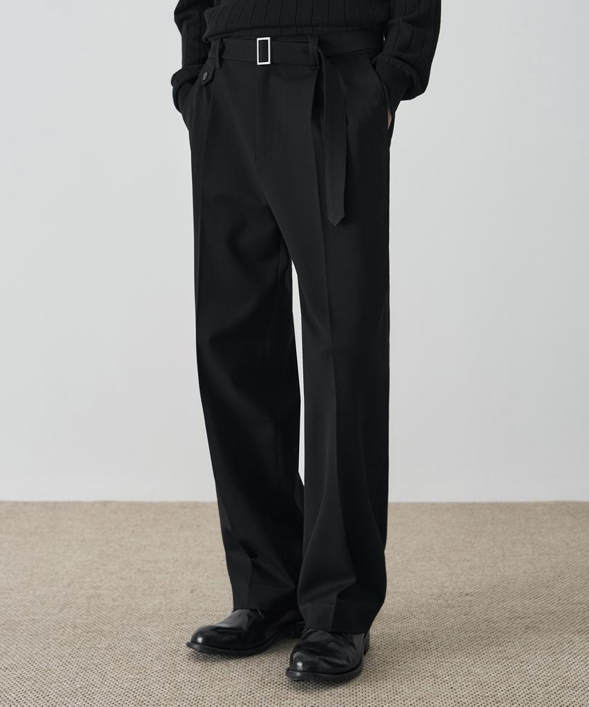 DRAW FIT Belted Semi-Wide Slacks [Black]