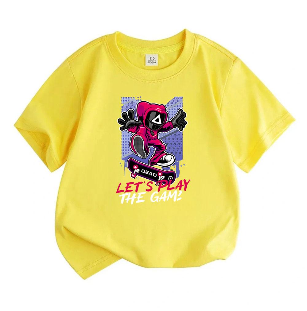 Kids Boys Girls 100% Cotton Crew Neck Short Sleeve T-Shirt, Cool Game Mask Character Skateboard Print Casual Tees, Let's Play The Game Pattern Soft Su