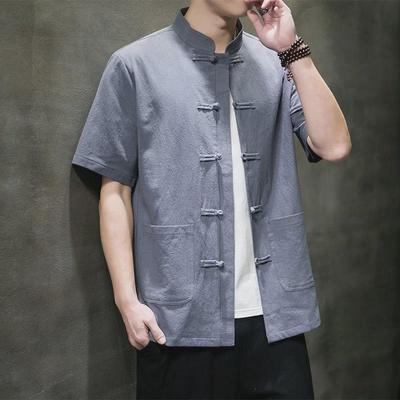 Herren Leinen Kurzarmhemd im chinesischen Stil, Sommer Lockerer Schnitt, Stehkragen