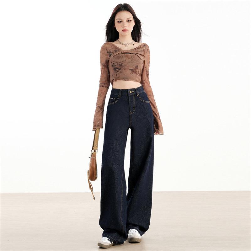 Women's Autumn 2025 Dark Blue High-Waisted Wide-Leg Denim Jeans - Floor-Length, Slimming, Versatile, Stylish