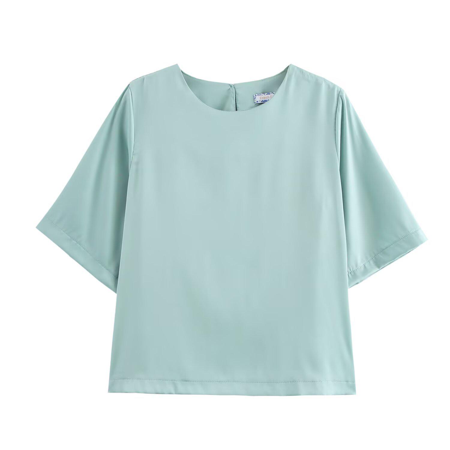 

2025 Шелковый атлас Топ с коротким рукавом и круглым вырезом высокого класса - Европейский и американский стиль Large