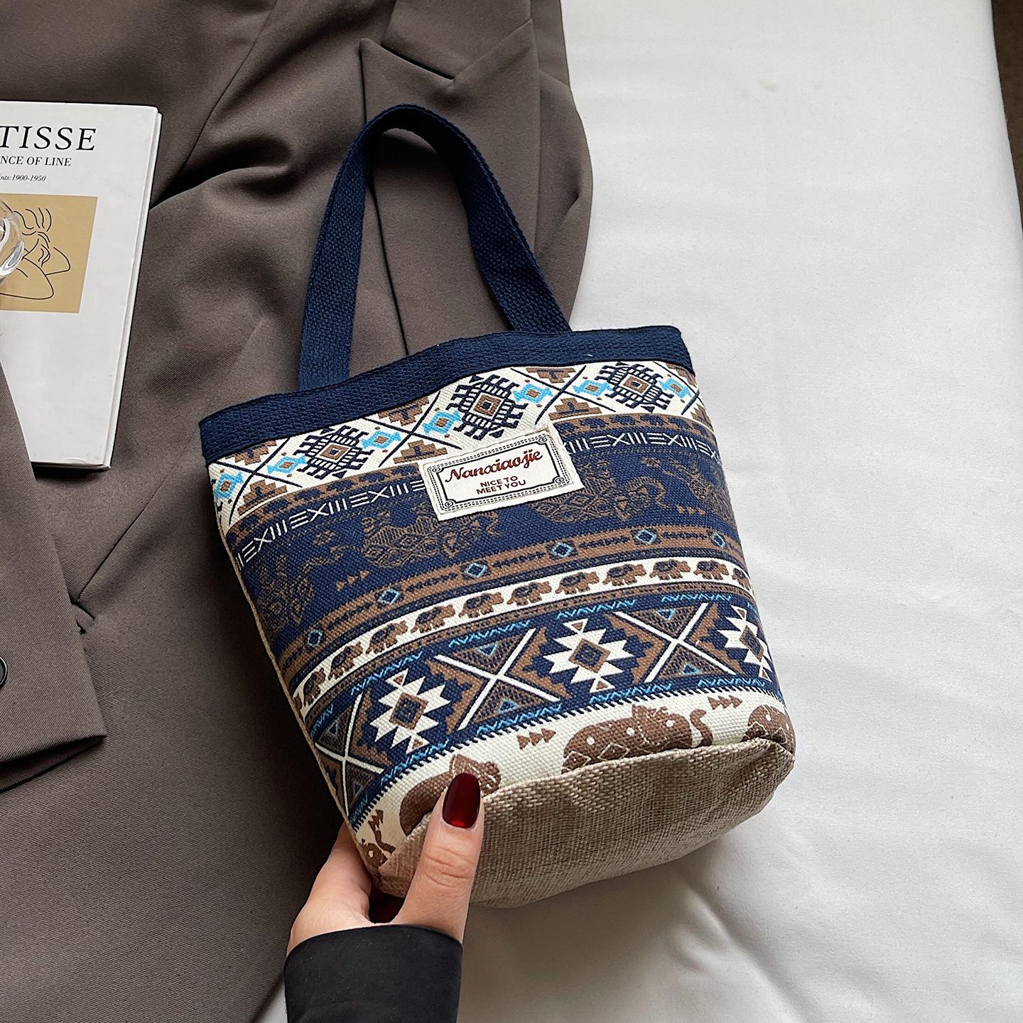 

New vegetable basket canvas bag large capacity women s bag printed handbag ethnic style literary bucket bag