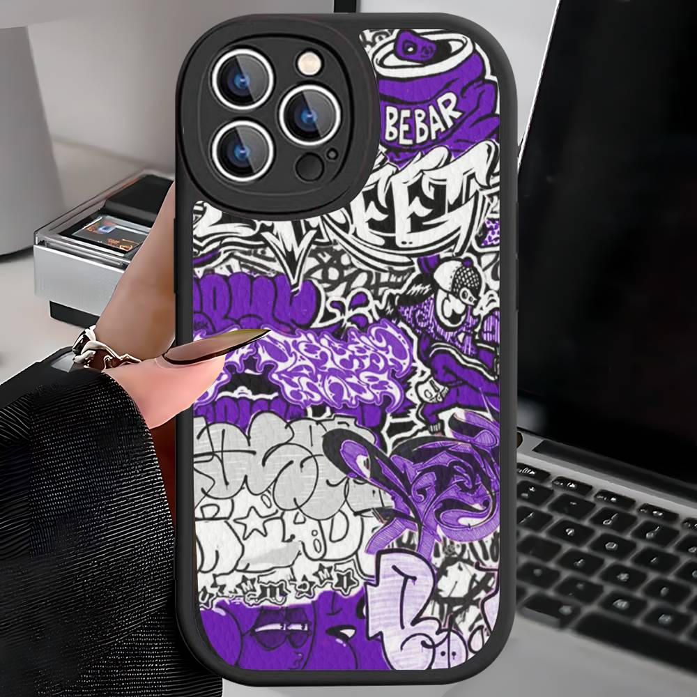Coole Schwarze Graffiti Leder Handyhülle Für iPhone 16 15 14 17 Pro Max 11 12 Mini Plus Weiche Hülle