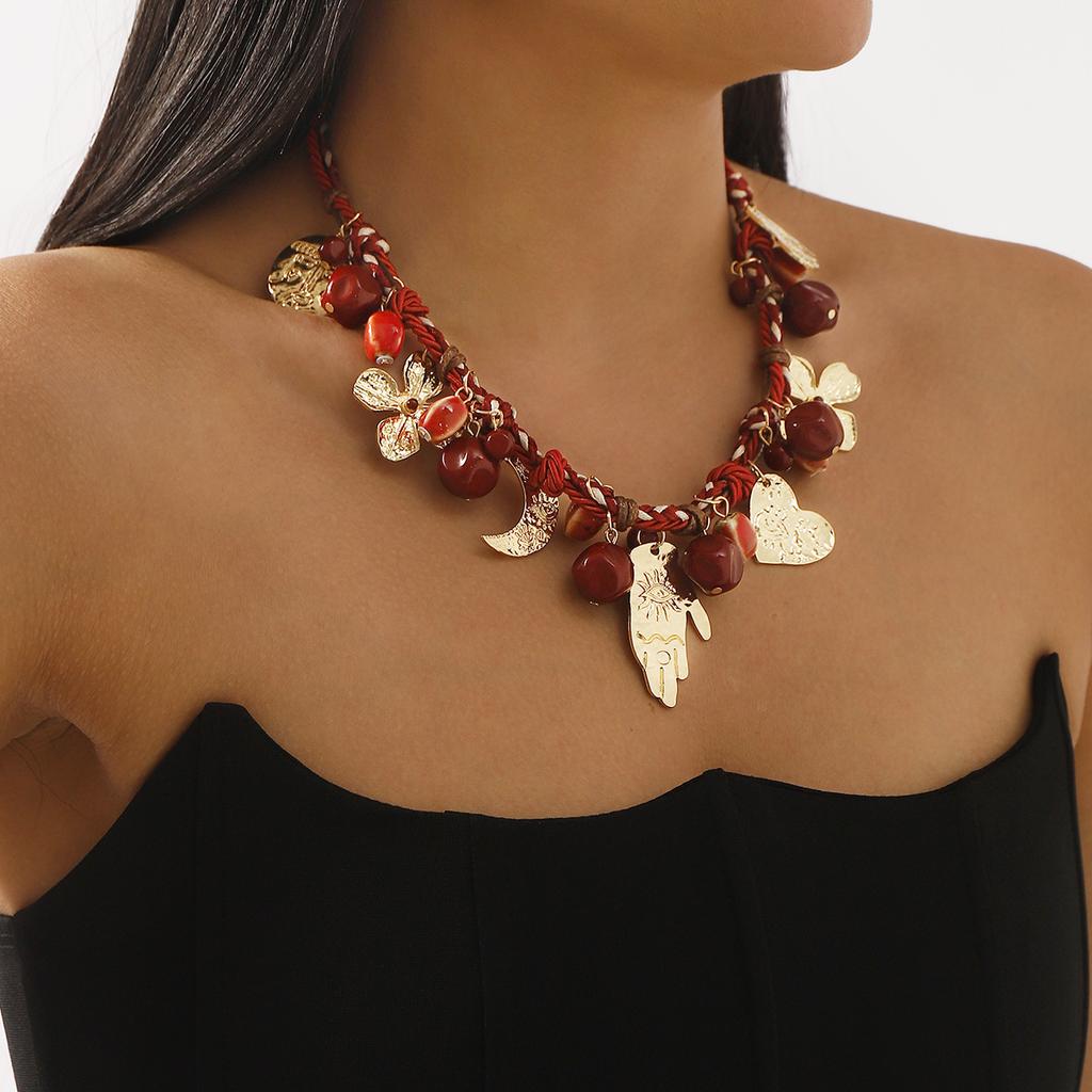 Red Rope Braided Chain Flower Moon Heart Palm Pendant Necklace Bohemia Jewelry Accessory