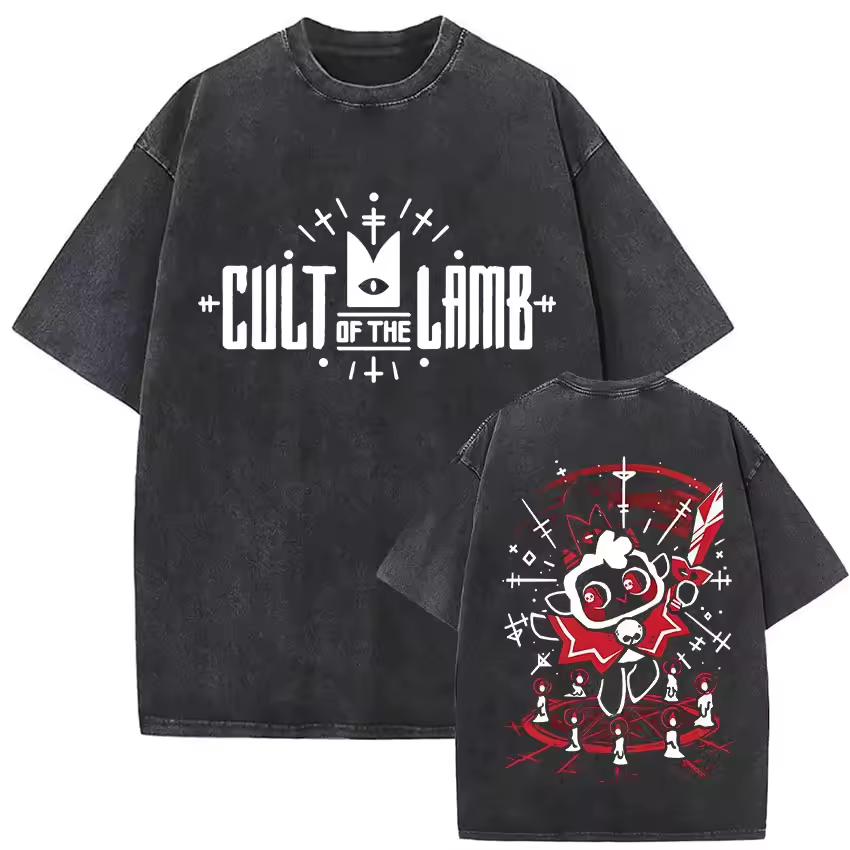 Cult of The Lamb Game Print T-Shirt Vintage Washed Men Women Casual 100% Cotton Short Sleeve Graphic Tee Top Clothing Fashion