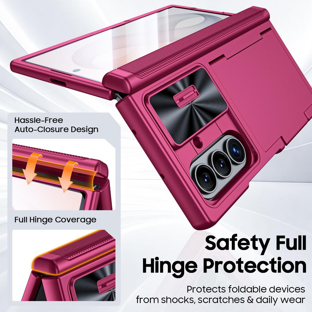 Shockproof Phone Case with Hinge Protection, Card Holder and Camera Cover for Galaxy Z Fold 8 Ultra-Rose Red