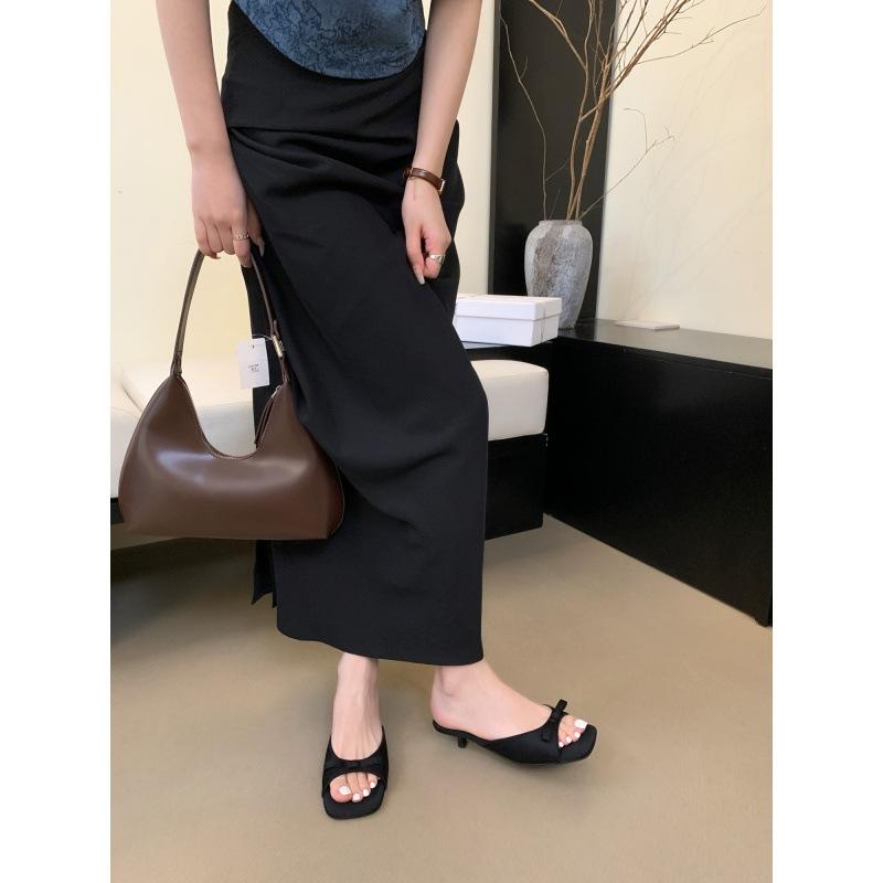 Spring and Autumn 2025 New French Bow Square Head Open Toe Fine Heel Cool Slippers Fairy Wind Wear