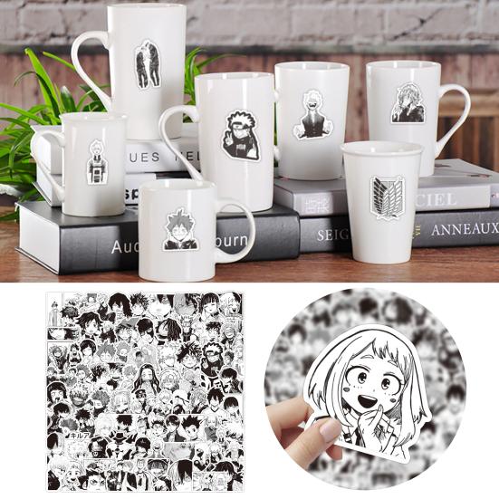 

100 шт. наклейки для багажа с мультяшным рисунком, водонепроницаемые черно-белые наклейки «Атака на Титанов», «Убийца демонов Титанов», «My Hero Academia», аниме-наклейки для чемодана