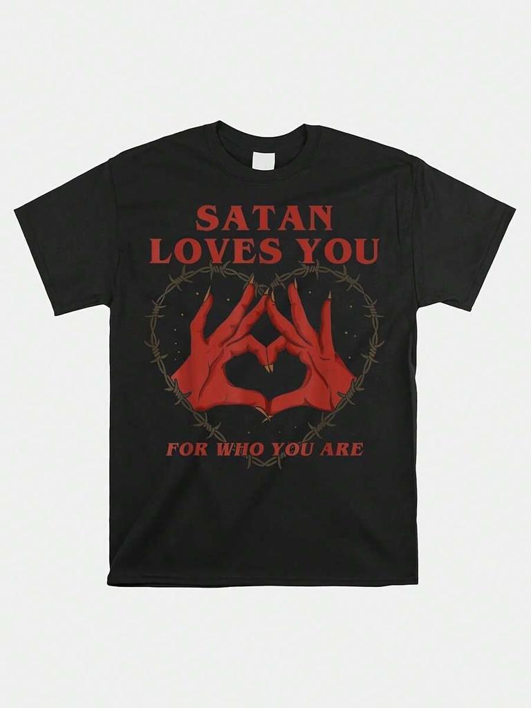 Satan Loves You" Unisex's Cotton T-Shirt - Casual Short Sleeve, Geometric Print, Breathable & Soft For Summer