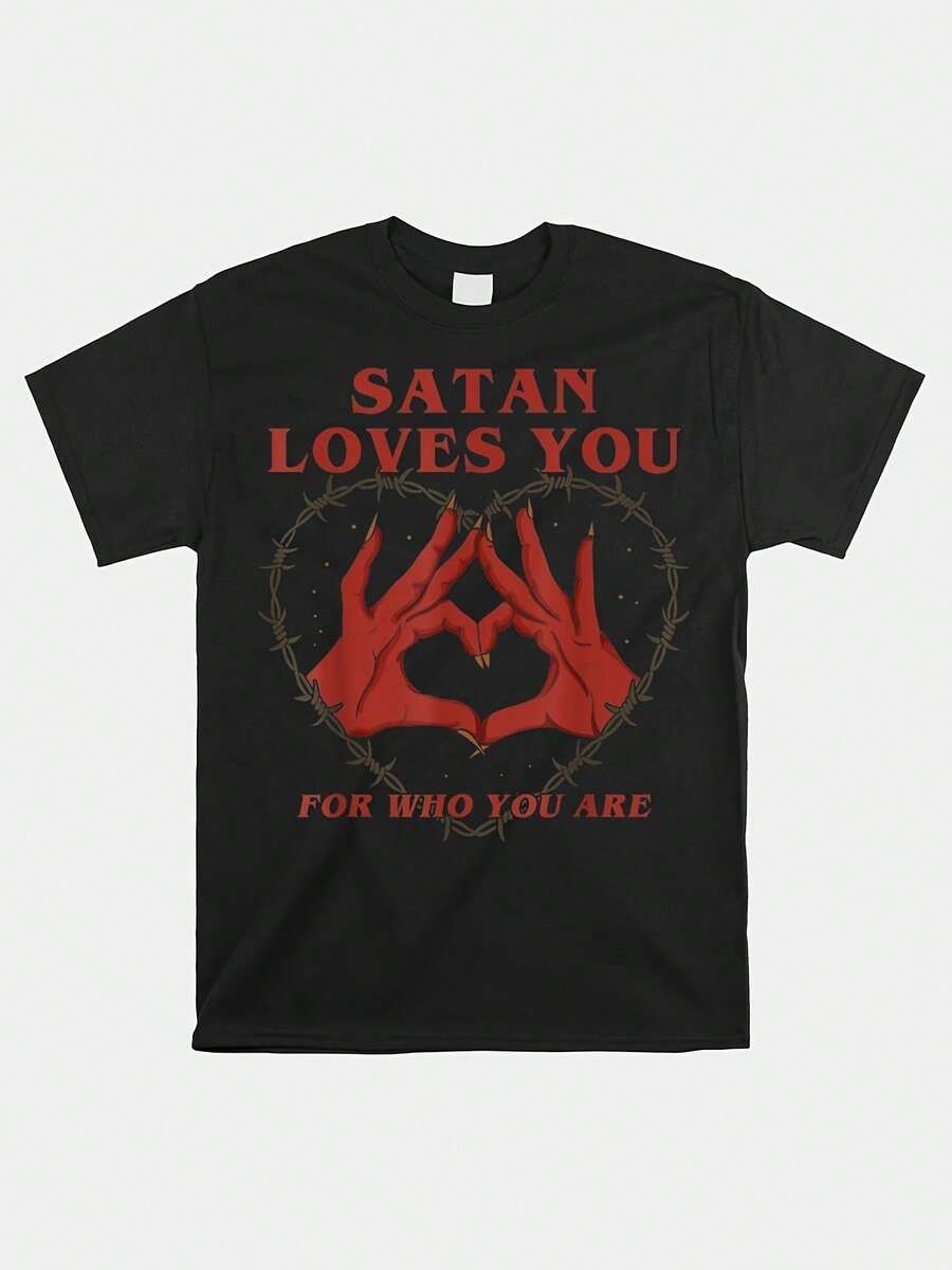 

Satan Loves You Unisex s Cotton T-Shirt - Casual Short Sleeve, Geometric Print, Breathable & Soft For Summer XL