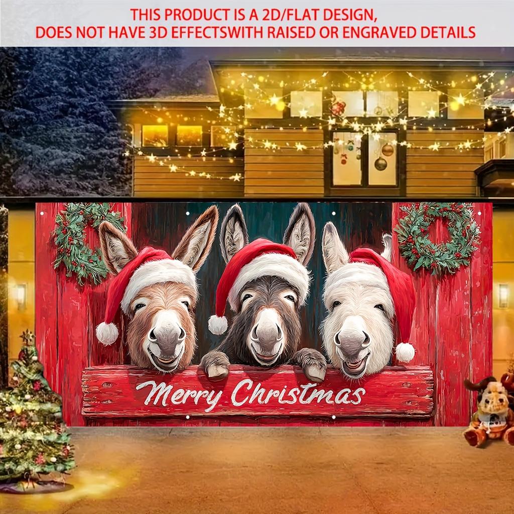 1pc Large and interesting Christmas garage banner - three donkeys wearing Santa hats, a Merry Christmas sign