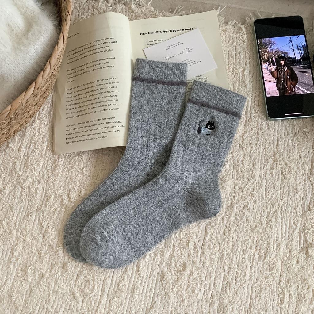 Female Autumn and Winter Thickened Warm Cartoon Cute Cat Wool Mid Tube Socks