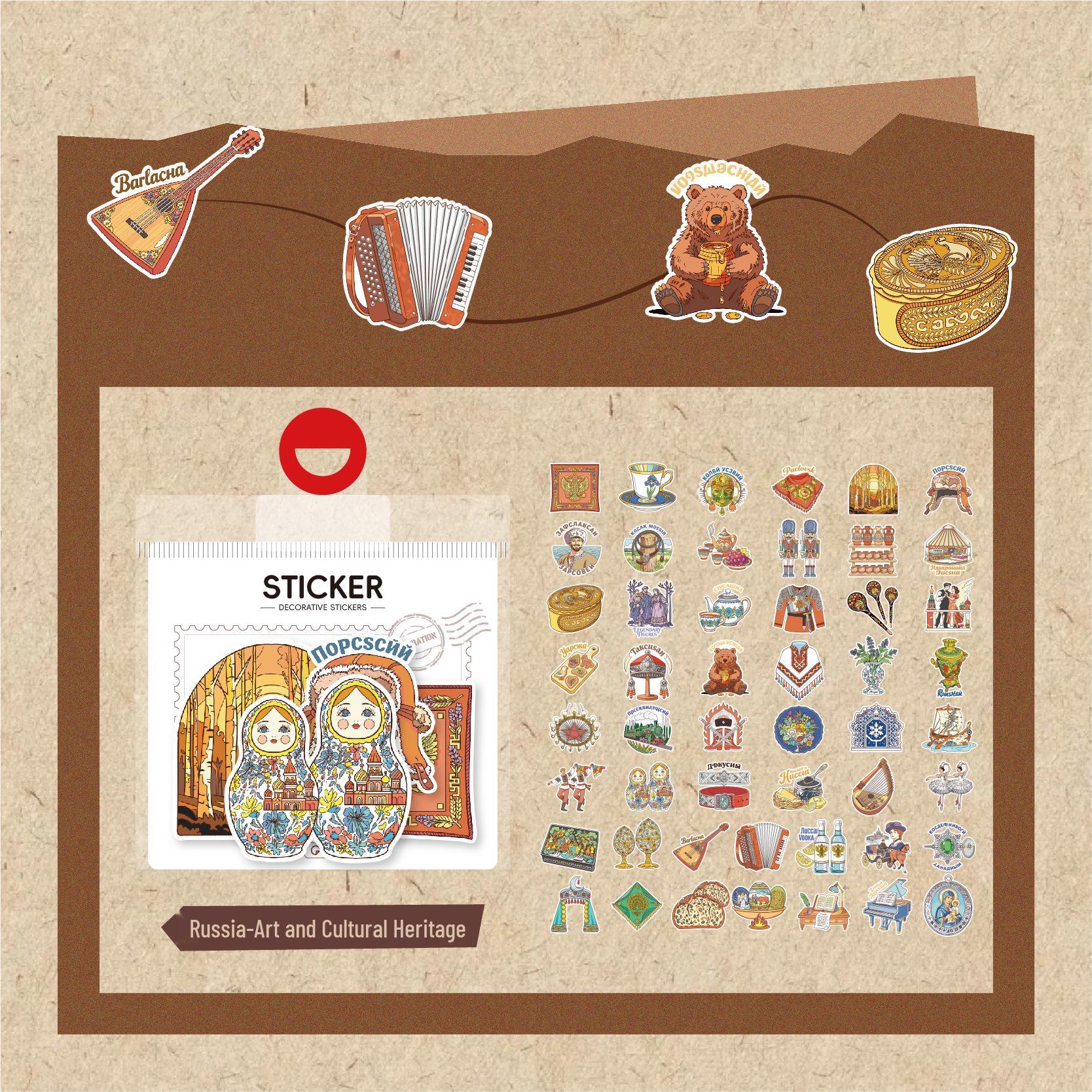 50 Russian Series Stickers: Hand-Painted, Waterproof, Local Characteristic Designs for Diary & Water Bottle Decoration.