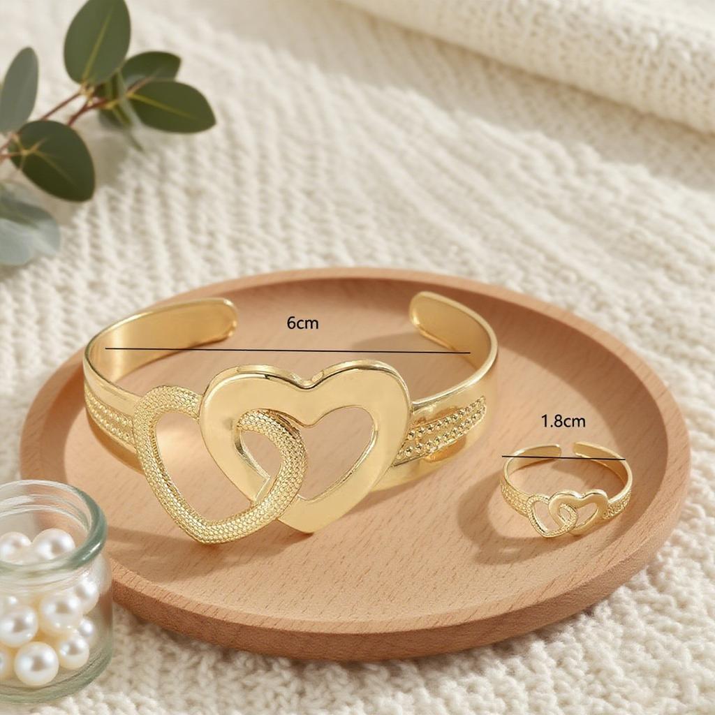 Two-piece set simple hollow love opening bracelet ring jewelry set fashionable daily casual versatile set