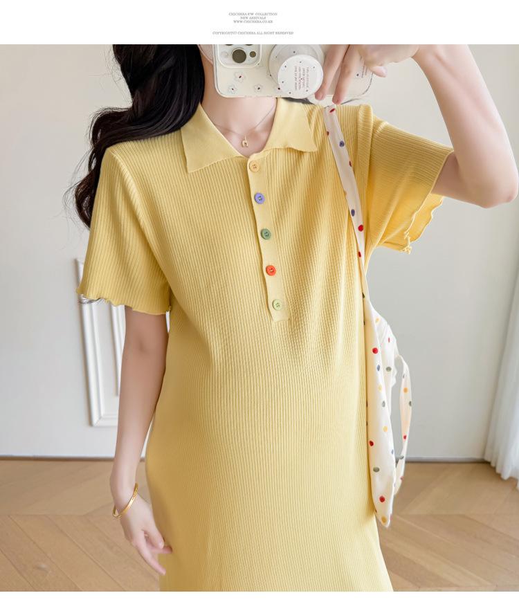 Trendiges Sommer-Strickkleid für Schwangere - Bunter Knopf-POLO-Kragen Rock