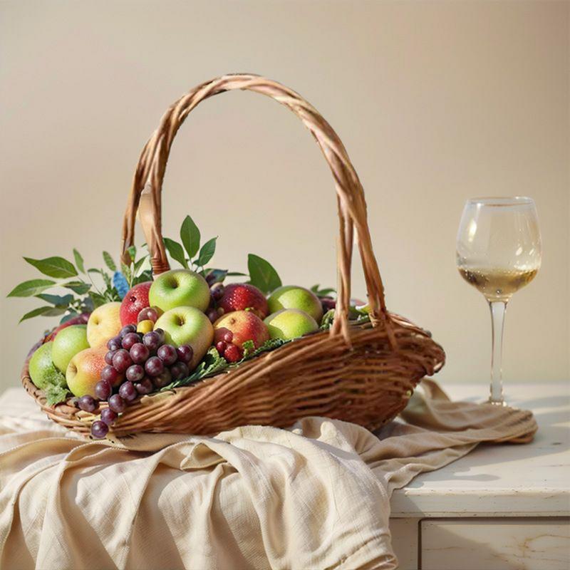Flower Girl Basket Wicker Woven Basket With Handle Large Holder Kitchen Accessories Home Decor Food Containers For Picnic Party