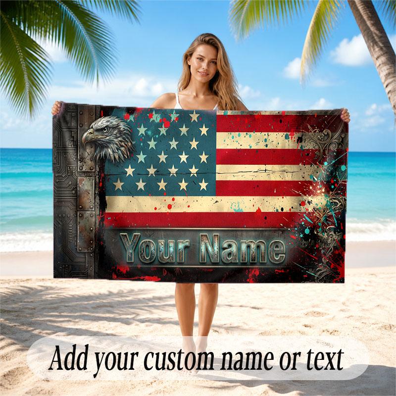 American Patriotic Theme Soft Beach Towel Personalized Custom Name Text Towel Portable for Beach Pool Travel