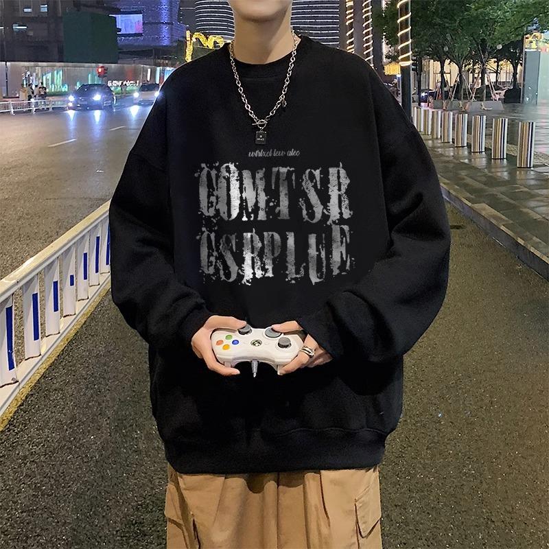 Retro Långärmad Tryckt Sweatshirt, Lös Rund Hals, Utan Huva Plus Fleecekläder