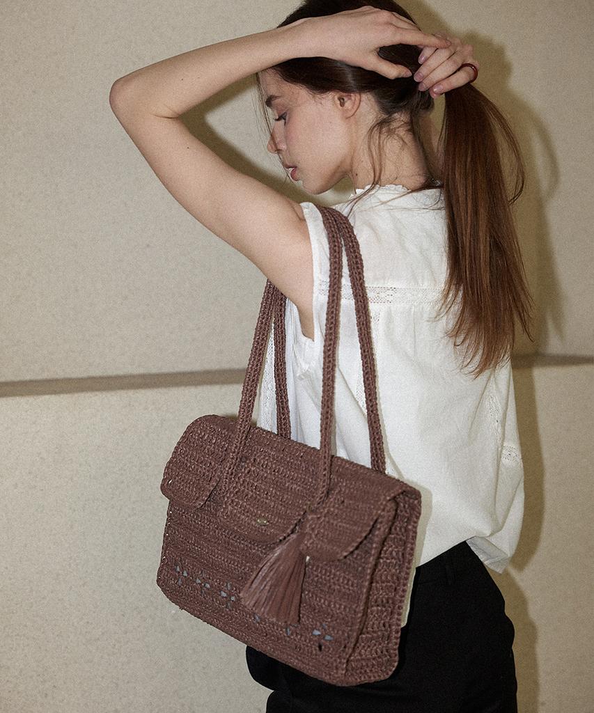 Slowslowly Lily Handmade Crochet Raffia Hermetic Shoulder Bag (+Gift Tassel Keyring Included) _ Brown