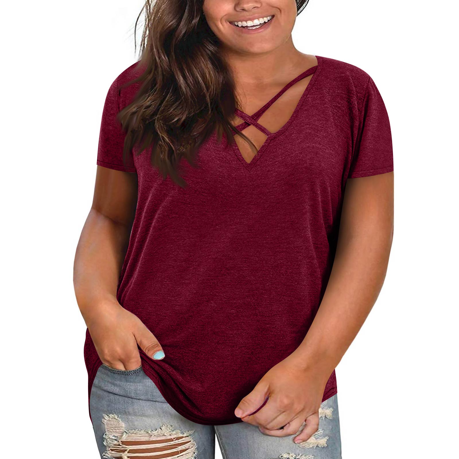 Women s Fashionable Casual Plus-Size V-Neck Short-Sleeve Top L