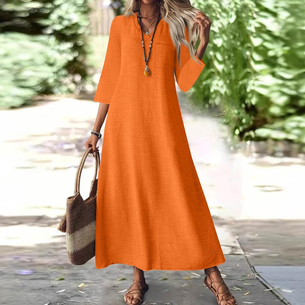 Women's Fashion V-Neck Seven Sleeve Pocket Solid Color Zipper Casual Vacation Long Cotton Linen Dresses