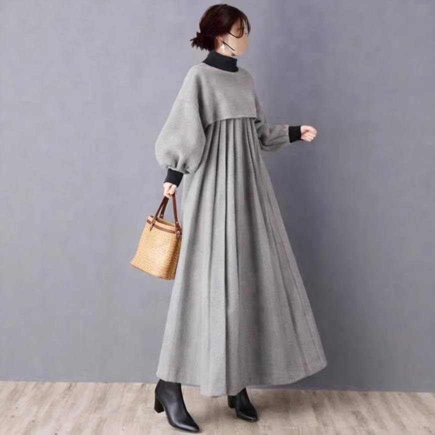

2026 Spring Korean-Japanese High Neck Pleated Color Block Dress L серый