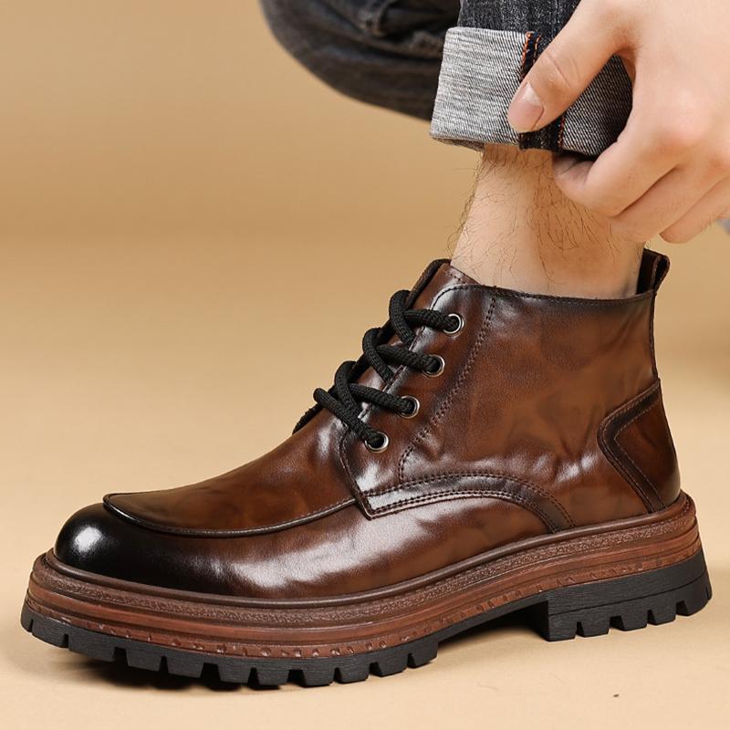 Fashion Outdoor Men High Top Leather Shoes Classic Black Leather Boots Motorcycle Breathable Riding Mid-calf Ankle Boots Warm Work Shoes