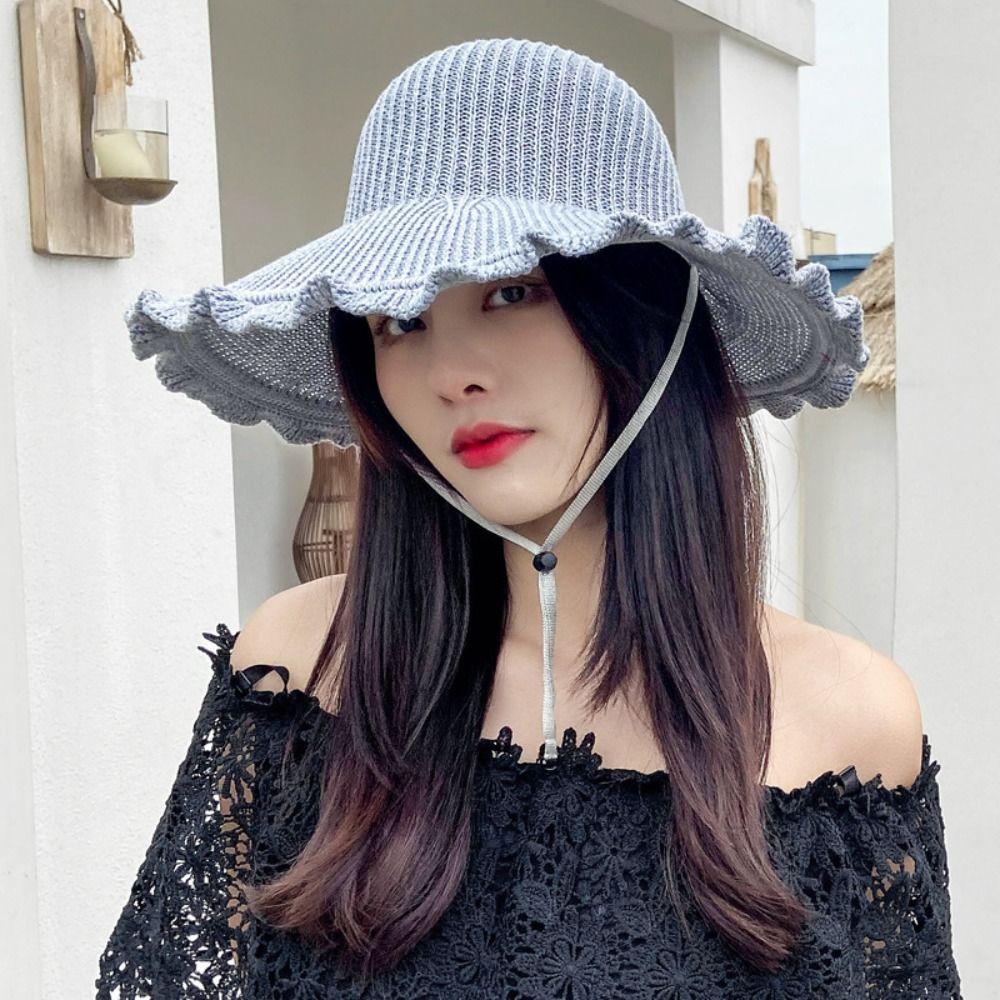 Summer Big Bows Ruffle Brim Cap Fordable Bucket Panama Caps New Knitted Free Top Sun Hat