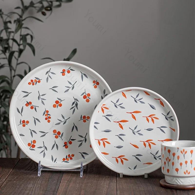 Retro Small Flowers Ceramic Plate Light Luxury Hotel Restaurant Steak Pasta Plates Exquisite Home Delicious Dishes Soup Bowl