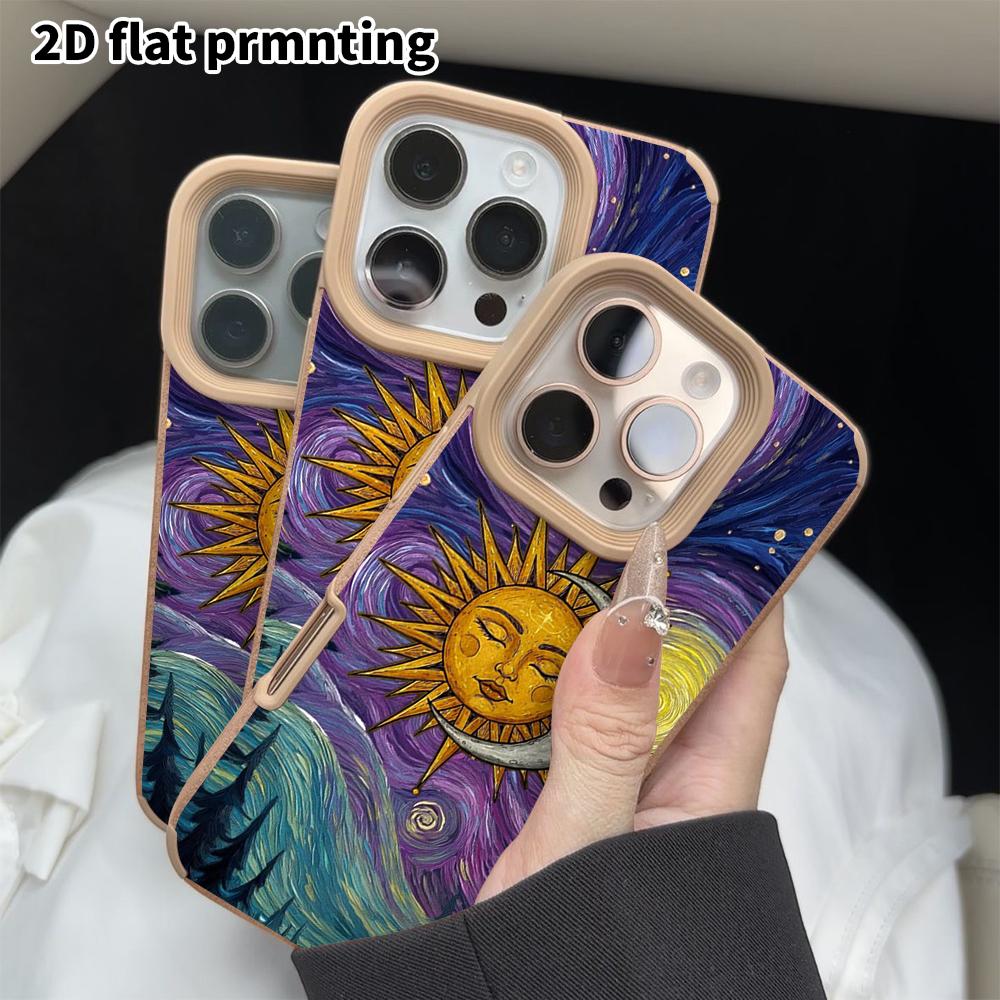 Phone Case: 2D flat lambskin suitable for iPhone 18, 17, 16, 15, 14, 13 Pro protective case, sun and moon embracing, Christmas and Halloween gifts