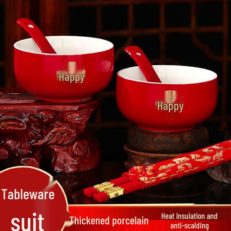 Red Wedding Bowls & Chopsticks Set - Bride's Dowry