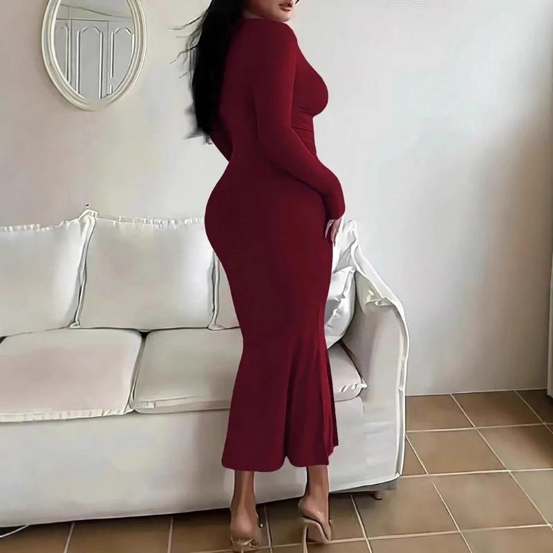Módní dámské šaty s dlouhým rukávem, bodycon, jaro, podzim, elegantní styl, úzký střih, na párty, večerní, rybí ocas, kulatý výstřih, jednobarevné, sexy, přiléhavé
